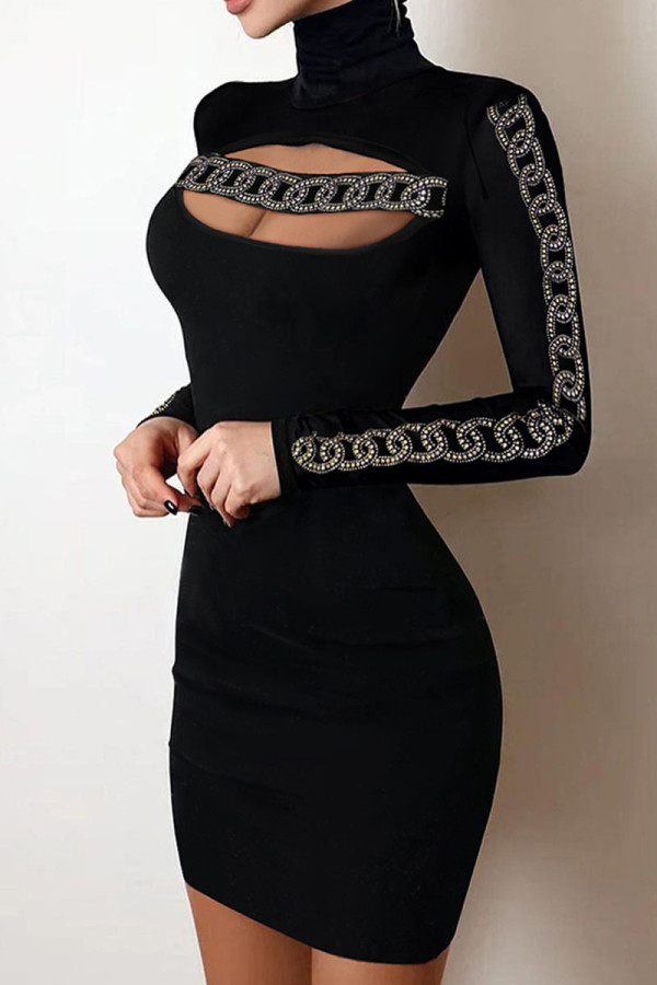 Cowboy Black Sexy Solid Sequins Patchwork Hot Drill Turtleneck Pencil Skirt Dresses