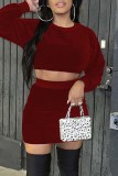 Deep Red Sexy Solid Basic O Neck Long Sleeve Two Pieces