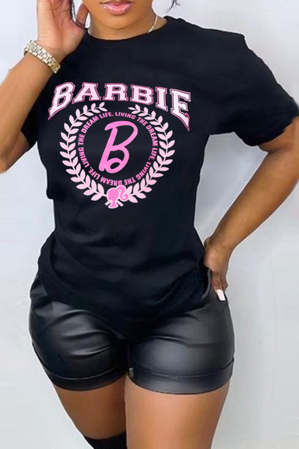 Black Casual Daily Print Patchwork Letter O Neck T-Shirts