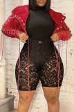Red Street Solid Bandage Patchwork Zipper Turndown Collar Outerwear