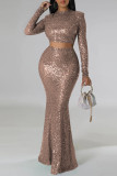 Green Sexy Solid Sequins Patchwork O Neck Long Sleeve Two Pieces