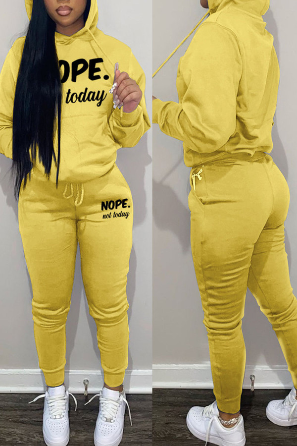 Yellow Casual Print Patchwork Hooded Collar Long Sleeve Two Pieces