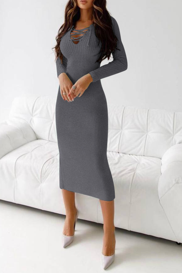 Dark Gray Sexy Solid Hollowed Out V Neck Pencil Skirt Dresses