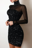 Black Sexy Solid Sequins Patchwork Hot Drill Turtleneck Pencil Skirt Dresses