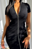 White Sexy Solid Zipper Zipper Collar Pencil Skirt Dresses