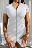 White Sexy Solid Zipper Zipper Collar Pencil Skirt Dresses