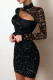 Matte Black Sexy Solid Sequins Patchwork Hot Drill Turtleneck Pencil Skirt Dresses
