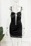 Black Sexy Solid Tassel Patchwork See-through Hot Drill Spaghetti Strap Pencil Skirt Dresses