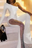White Sexy Casual Solid Patchwork Backless Oblique Collar Skinny Jumpsuits