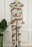 Brown Casual Print Patchwork Buckle Long Sleeve Two Pieces