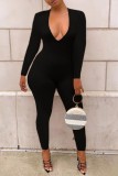 Dark Coffee Sexy Solid Basic V Neck Skinny Jumpsuits