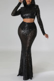 Green Sexy Solid Sequins Patchwork O Neck Long Sleeve Two Pieces