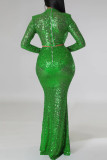 Green Sexy Solid Sequins Patchwork O Neck Long Sleeve Two Pieces