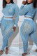 Sky Blue Sexy Print See-through O Neck Long Sleeve Two Pieces