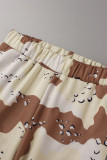 Brown Casual Print Patchwork Buckle Long Sleeve Two Pieces
