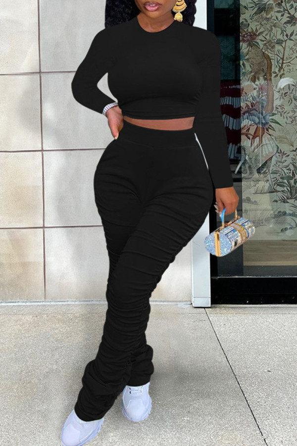 Black Casual Sportswear Solid Patchwork Fold O Neck Long Sleeve Two Pieces