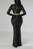Green Sexy Solid Sequins Patchwork O Neck Long Sleeve Two Pieces