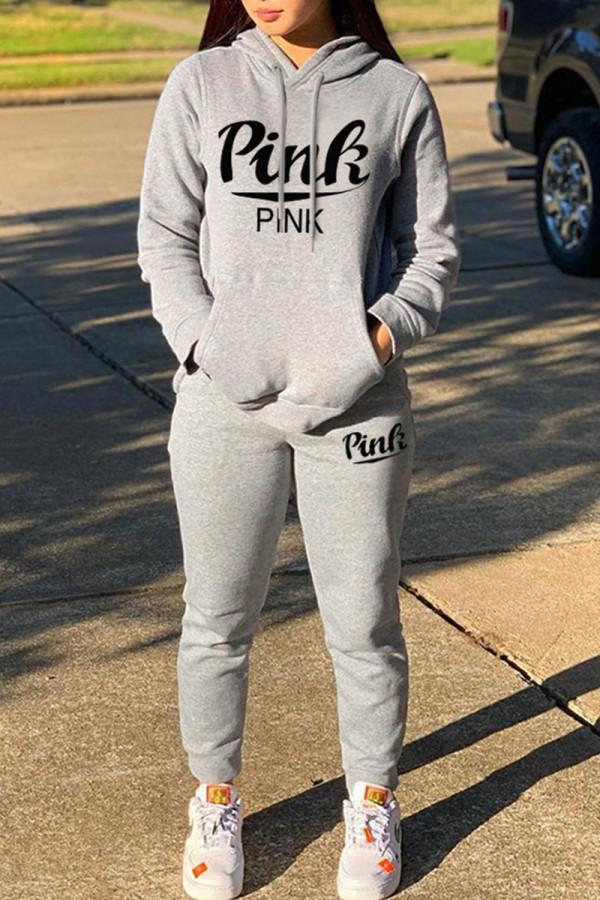 Grey Casual Print Patchwork Hooded Collar Long Sleeve Two Pieces