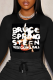 Black Party Print Letter O Neck Tops