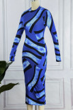 Blue Sexy Print Patchwork O Neck Dresses