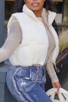White Casual Solid Patchwork Mandarin Collar Outerwear