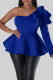 Royal Blue Sexy Solid Patchwork Flounce Oblique Collar High Waist Tops