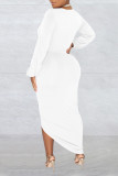 White Sexy Solid Patchwork Fold Asymmetrical V Neck Irregular Dress Dresses