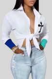 Light Blue Casual Print Patchwork Buckle Turndown Collar Tops