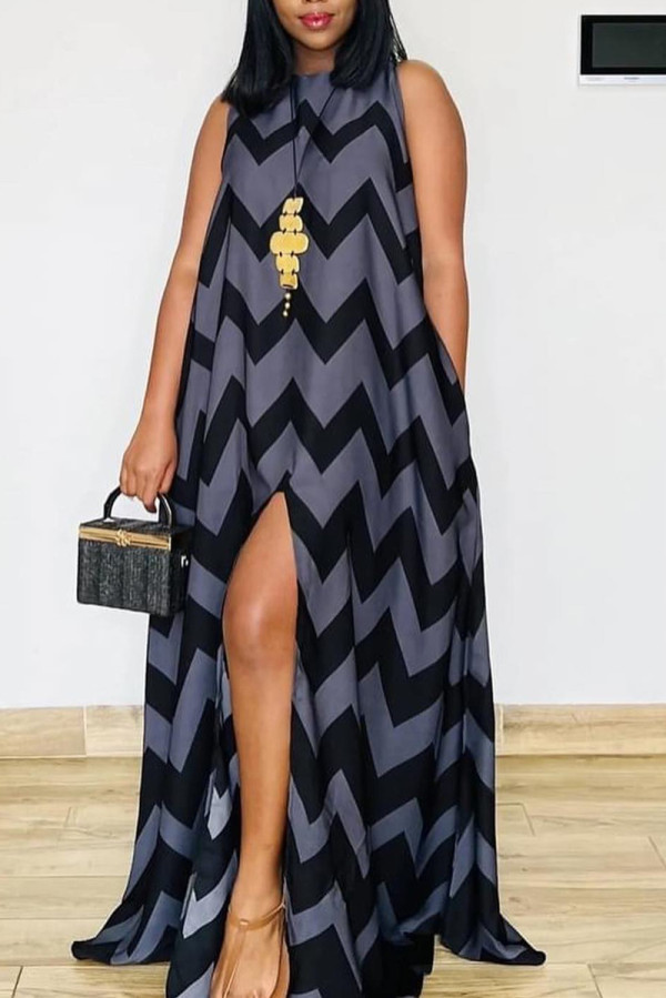 Gray Blue Daily Party Print Slit O Neck A Line Dresses