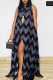 Gray Blue Daily Party Print Slit O Neck A Line Dresses