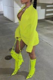Mustard Green Sexy Casual Solid Patchwork Turndown Collar Long Sleeve Dresses