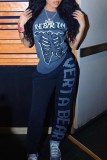 Deep Blue Casual Letter Print Basic Regular High Waist Pencil Trousers