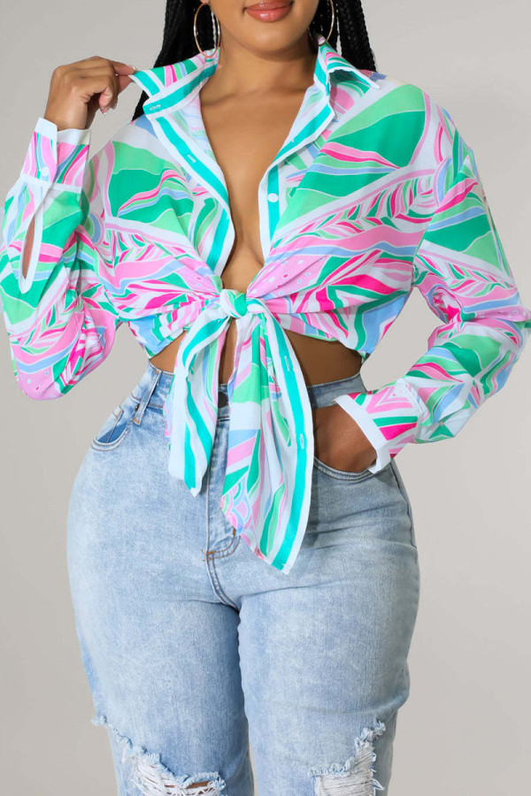 Green Casual Print Patchwork Buckle Turndown Collar Tops