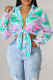 Green Casual Print Patchwork Buckle Turndown Collar Tops