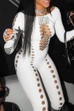 Blue Sexy Solid Ripped Hollowed Out O Neck Skinny Jumpsuits