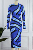 Blue Sexy Print Patchwork O Neck Dresses