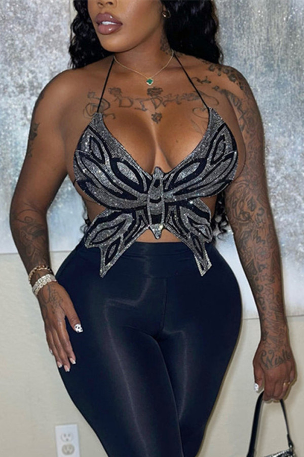 Black Sexy Butterfly Strap Design Hot Drill Halter Tops