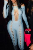 Blue Sexy Solid Ripped Hollowed Out O Neck Skinny Jumpsuits