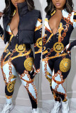 Gold Sexy Print Printing Zipper Zipper Collar Regular Jumpsuits