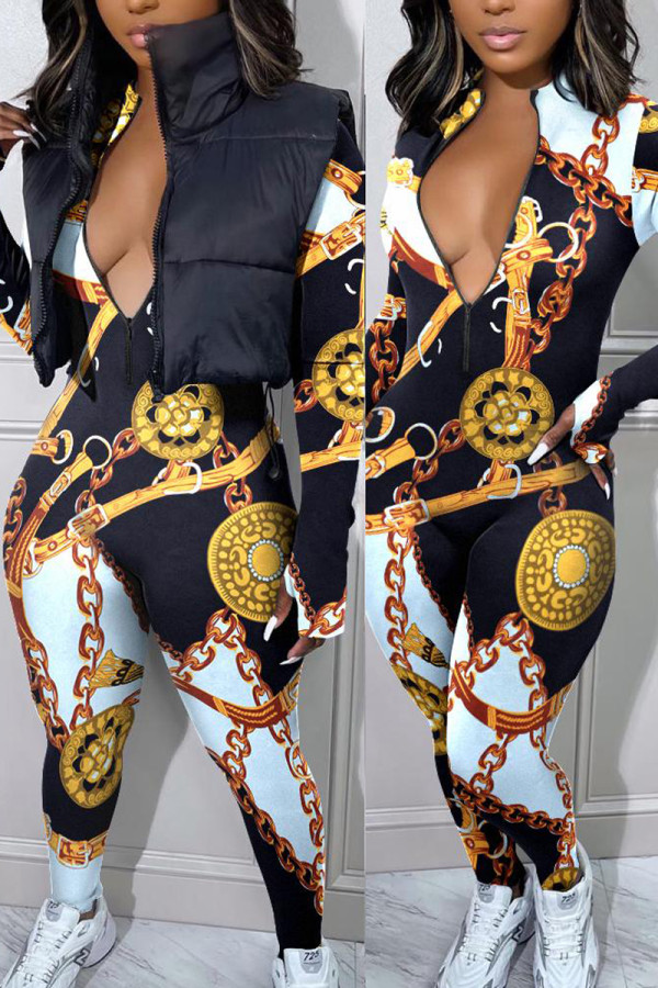 Gold Sexy Print Printing Zipper Zipper Collar Regular Jumpsuits
