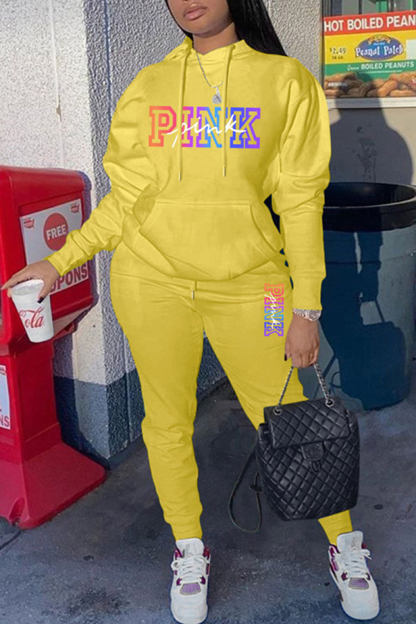Yellow Casual Street Print Patchwork Hooded Collar Long Sleeve Two Pieces