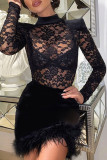 Black Sexy Solid Patchwork Feathers Half A Turtleneck Pencil Skirt Dresses