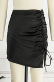 Black Sexy Solid Patchwork Draw String Fold Regular High Waist Straight Solid Color Bottoms