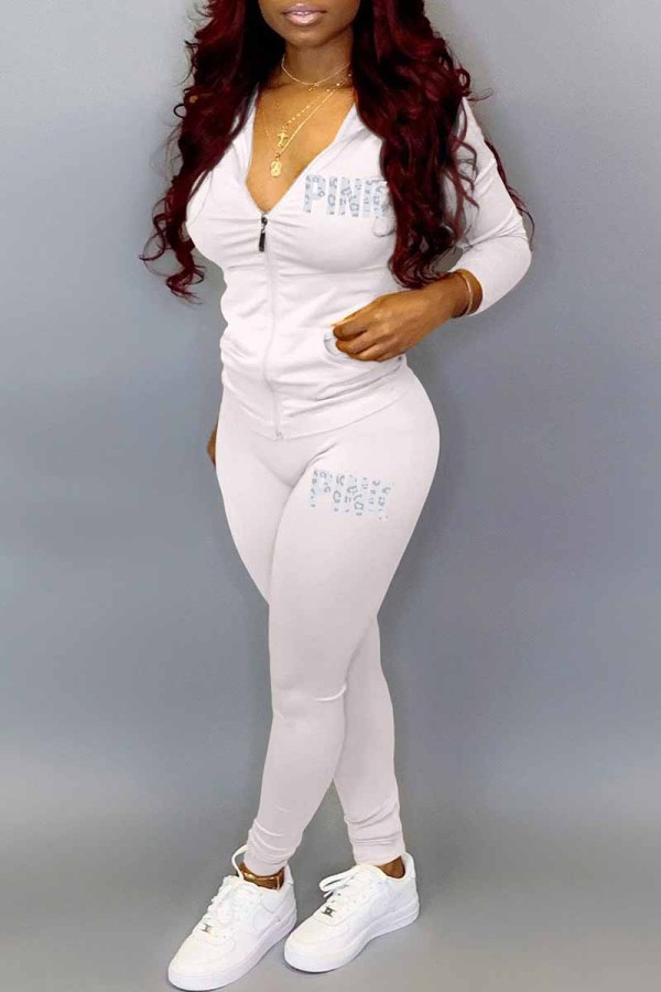 White Casual Print Letter Hooded Collar Long Sleeve Two Pieces