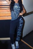 Deep Blue Casual Letter Print Basic Regular High Waist Pencil Trousers