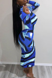 Blue Sexy Print Patchwork O Neck Dresses