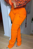 Orange Casual Solid Pocket Boot Cut Mid Waist Bottoms