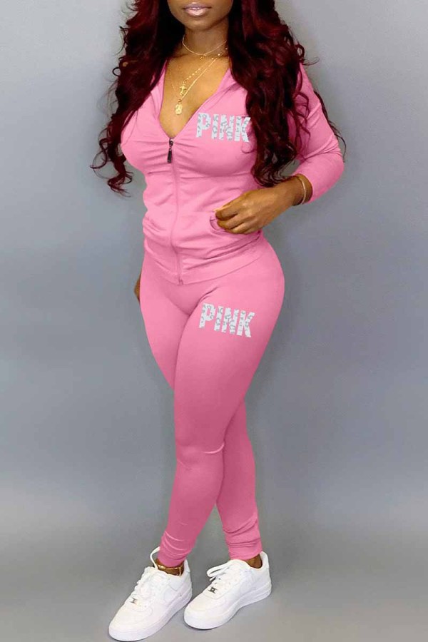 Pink Casual Print Letter Hooded Collar Long Sleeve Two Pieces