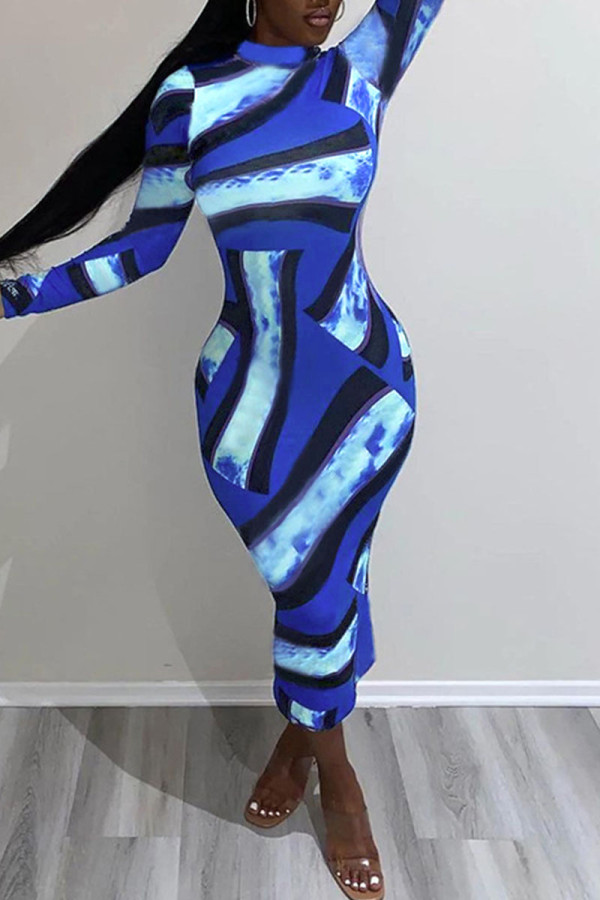 Blue Sexy Print Patchwork O Neck Dresses