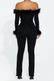 Black Casual Solid Patchwork Off the Shoulder Skinny Jumpsuits
